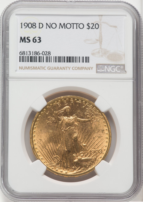 1908-D $20 NO MOTTO Saint-Gaudens Double Eagle NGC MS63