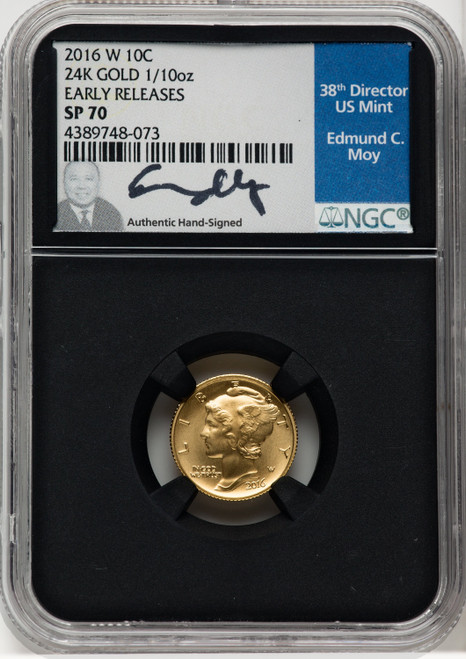 2016-W 10C Mercury Dime Gold 100th Anniversary First Strike ER Ed Moy Blk Core NGC MS70