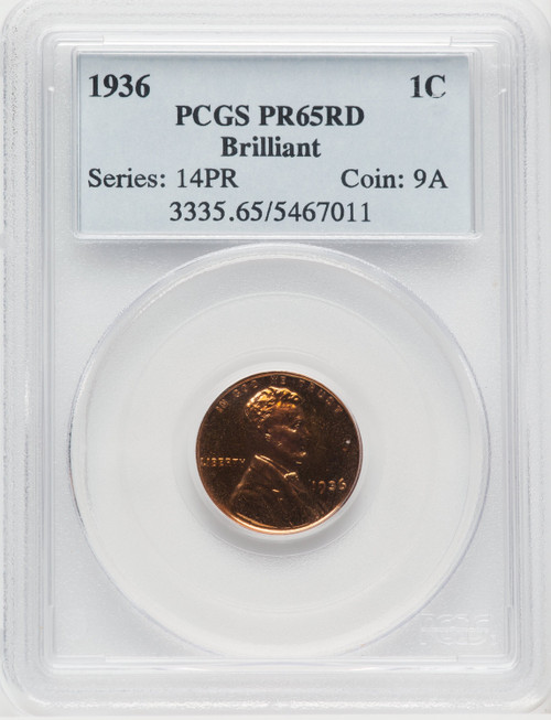 1936 1C TYPE 2 RD Proof Lincoln Cent PCGS PR65