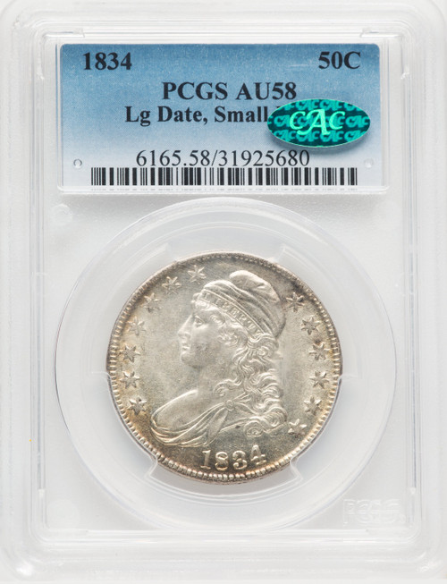 1834 50C Lg Date Small Letter CAC Bust Half Dollar PCGS AU58