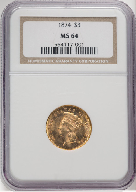 1874 $3 Three Dollar Gold Pieces NGC MS64