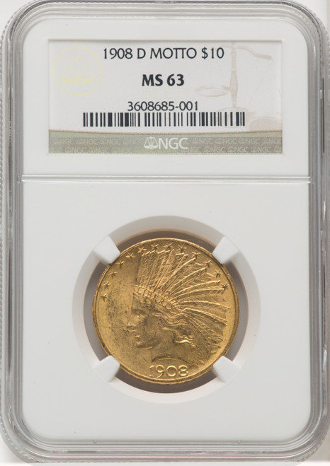 1908-D $10 MOTTO Indian Eagle NGC MS63