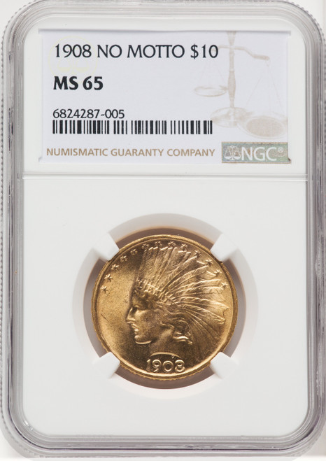 1908 $10 NO MOTTO Indian Eagle NGC MS65