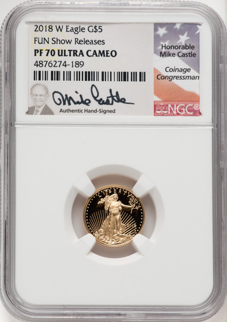 2018-W $5 Tenth Ounce Gold Eagle Mike Castle NGC PF70