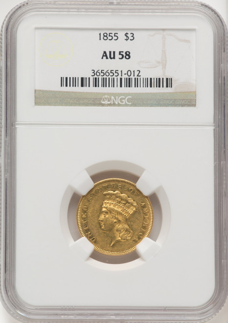 1855 $3 Three Dollar Gold Pieces NGC AU58