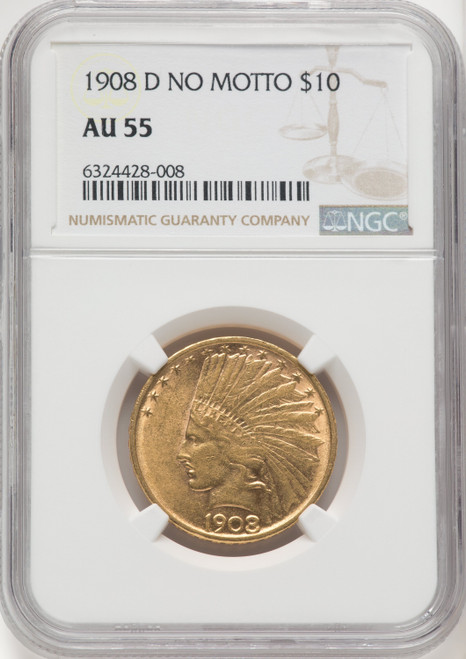 1908-D $10 NO MOTTO Indian Eagle NGC AU55