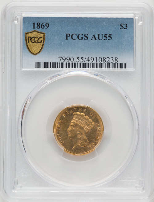 1869 $3 Three Dollar Gold Pieces PCGS AU55