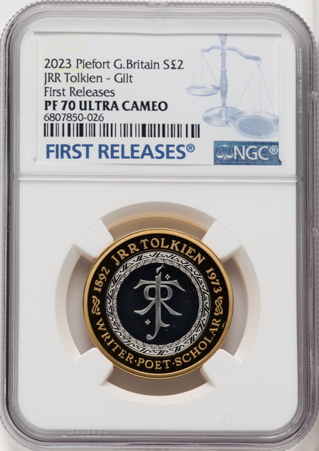 Charles III gilt-silver Proof Piefort “JRR Tolkien – 50th Anniversary of Death” 2 Pounds 2023 PR70 Ultra Cameo NGC World Coins NGC MS70 (518664040)