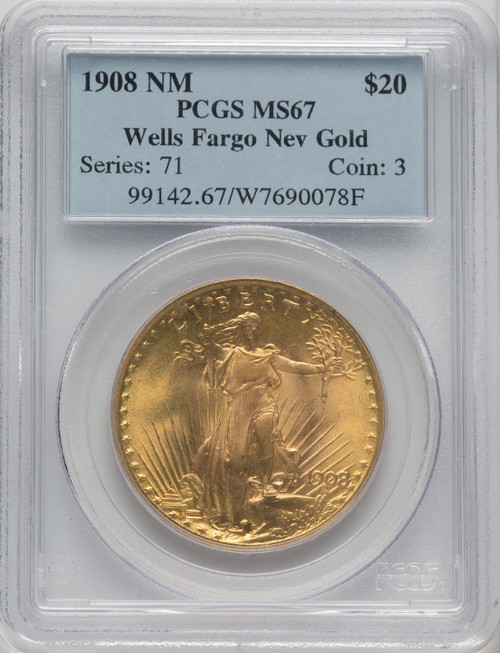 1908 NM $20 Wells Fargo Saint-Gaudens Double Eagle PCGS MS67 (764699001)