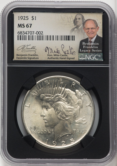 1925 $1 Mike Castle Blk Core Franklin Series Peace Dollar NGC MS67 (765292011)