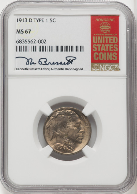 1913-D Type One 5C Kenneth Bressett Red Book Buffalo Nickel NGC MS67 (765469002)