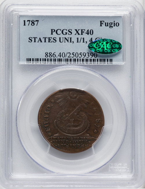 1787 Fugio Cent STATES UNITED 1/Horizontal 1 BN CAC Federal Contract Coinage PCGS XF40 (768602018)