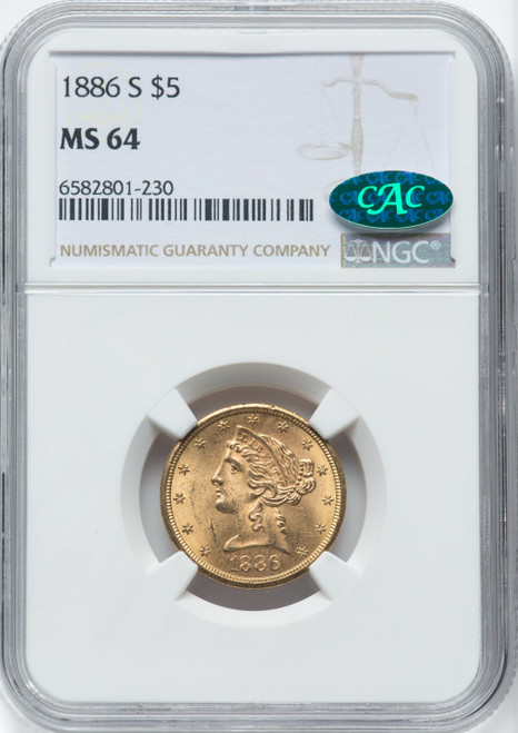 1886-S $5 CAC Liberty Half Eagle NGC MS64 (762275002)