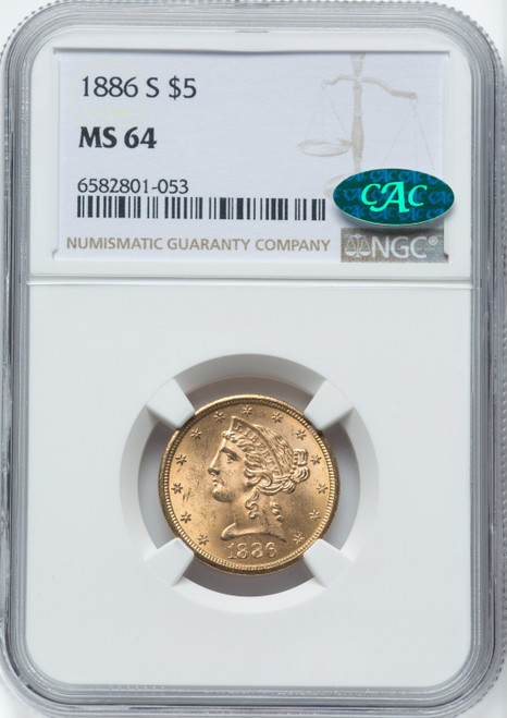 1886-S $5 CAC Liberty Half Eagle NGC MS64 (762275008)