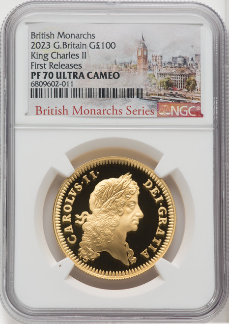 Charles III gold Proof “King Charles II” 100 Pounds (1 oz) 2023 PR70 Ultra Cameo NGC World Coins NGC MS70 (518114111)