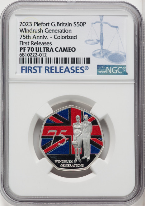 Charles III silver Colorized Proof Piefort “Windrush Generation – 75th Anniversary” 50 Pence 2023 PR70 Ultra Cameo NGC World Coins NGC MS70 (518239037)