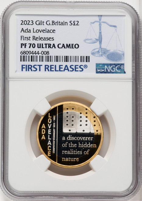 Charles III gilt-silver Proof “Ada Lovelace” 2 Pounds 2023 PR70 Ultra Cameo NGC World Coins NGC MS70 (518462008)