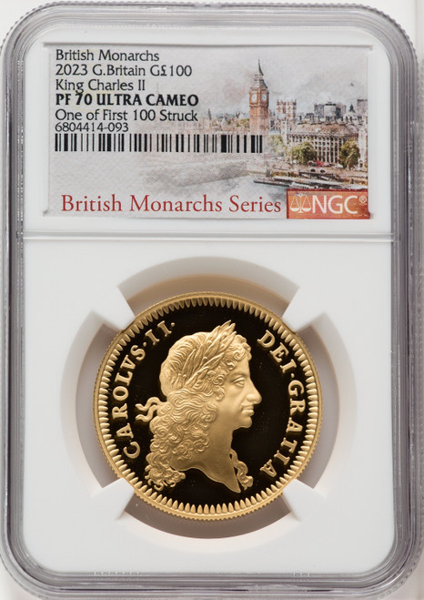Charles III gold Proof “King Charles II” 100 Pounds (1 oz) 2023 PR70 Ultra Cameo NGC World Coins NGC MS70 (518114093)