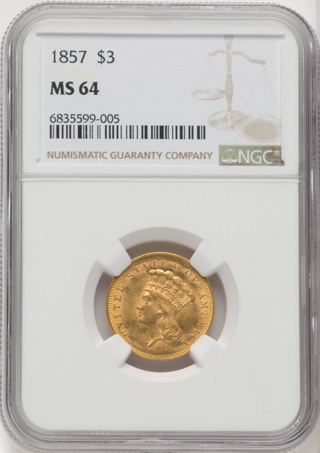 1857 $3 Three Dollar Gold Pieces NGC MS64 1857 $3 Three Dollar Gold Pieces NGC MS64