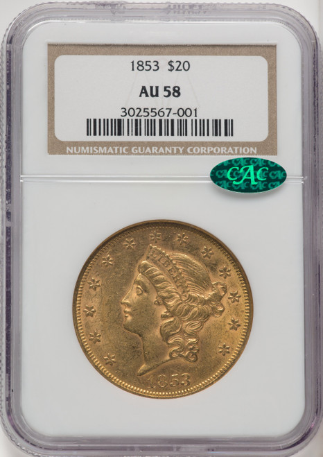 1853 $20 CAC Liberty Double Eagle NGC AU58 (770582031)