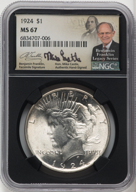 1924 Mike Castle Blk Core Franklin Series Peace Dollar NGC MS67