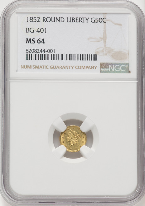 1852 Liberty Round 50 Cents BG-401 R.3 California Fractional Gold NGC MS64