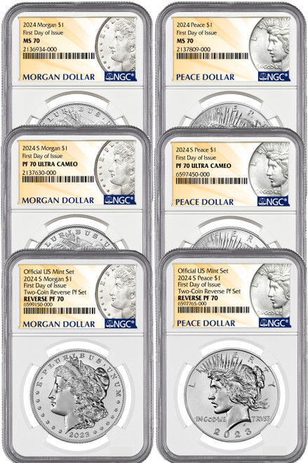 2024 Morgan and Peace Silver Dollar 6-Coin Set FDI NGC MS70/PF70/RP70