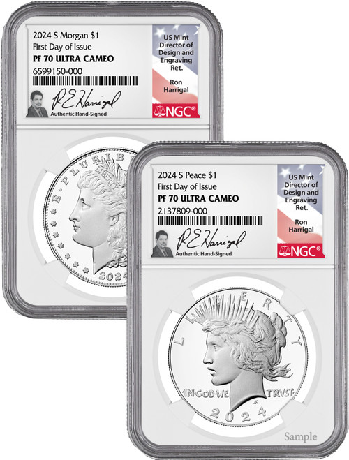 2024-S Morgan and Peace Silver Dollar 2pc Proof Set FDI NGC PF70 Harrigal