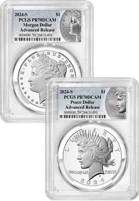 2024-S Morgan and Peace Silver Dollar 2pc Set Advanced Release PCGS PR70