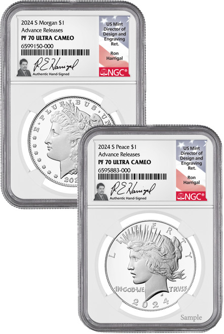 2024-S Morgan and Peace Silver Dollar 2pc Proof Set Advance NGC PF70 Harrigal