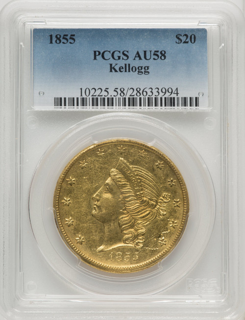 1855 Kellogg & Co. Twenty Dollar Territorial Gold PCGS AU58 1855 Kellogg & Co. Twenty Dollar Territorial Gold PCGS AU58