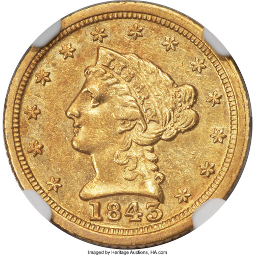 1843-C $2.50 Large Date Plain 4 Liberty Quarter Eagle NGC AU53