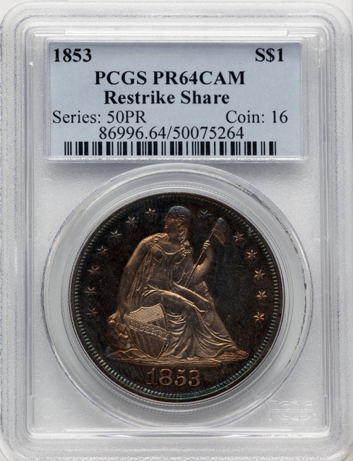 1853 Restrike CA Proof Seated Dollar PCGS PR64