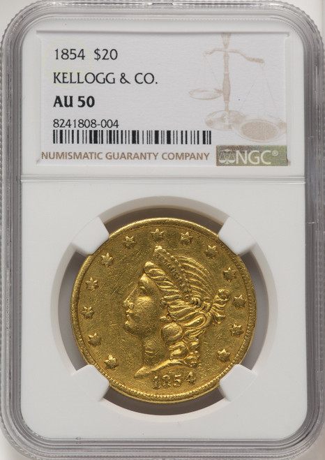 1854 $20 Kellogg & Co. Territorial Gold NGC AU50