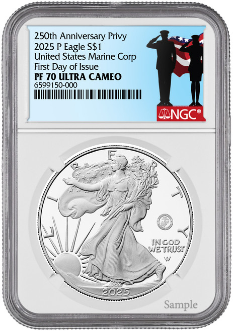 2025-P Silver Eagle 250th Anniversary U.S. Marines Privy FDI NGC PF70 Salute Label