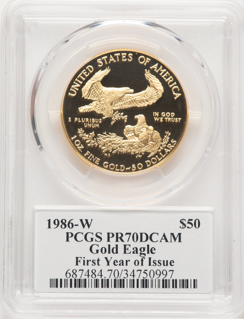 1986-W Proof Gold Eagle 1 oz John First Year of Issue PCGS MS70 Mercanti