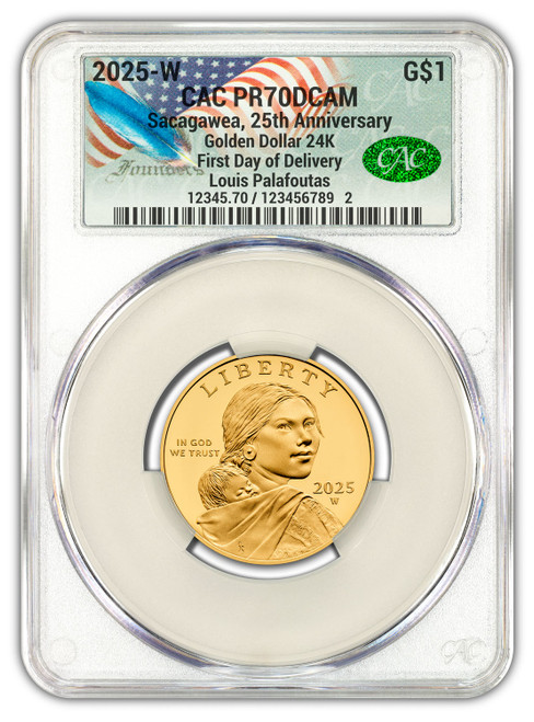 2025-W Sacagawea 25th Anniversary Gold Dollar 24K FDD CACG PR70 Founders