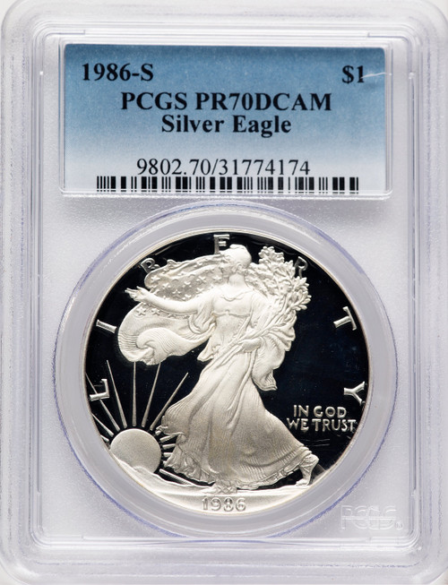1986-S Proof Silver Eagle 1 oz Blue Gradient PCGS PR70