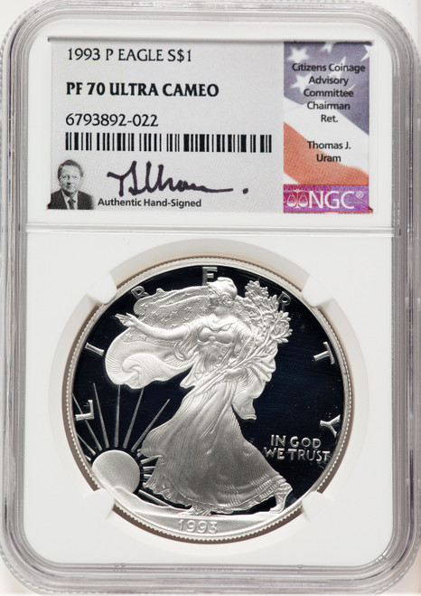 1993-P Proof Silver Eagle 1 oz Thomas Uram NGC PF70