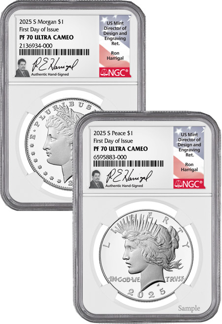 2025-S Morgan and Peace Silver Dollar 2pc Set FDI NGC PF70 Harrigal
