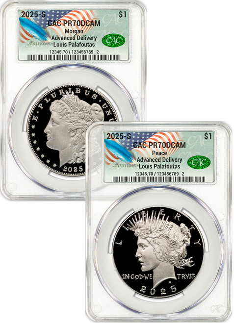 2025-S Morgan and Peace Silver Dollar 2pc Set AD CAC PR70 Founders