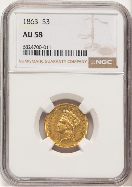 1863 $3 Three Dollar Gold Pieces NGC AU58 (780016001)