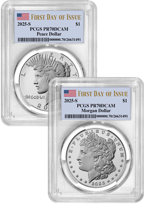 2025-S Morgan and Peace Silver Dollar 2pc Set FDI Flag PCGS PR70