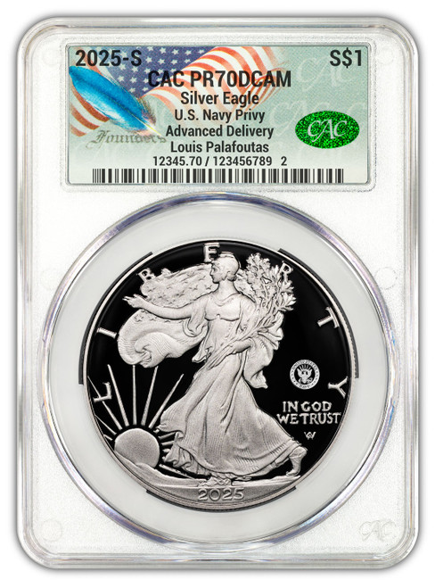 2025-S Silver Eagle 250th Anniversary U.S. Navy Privy AD CAC PR70 Founders
