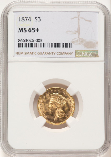 1874 $3 Three Dollar Gold Pieces NGC MS65+