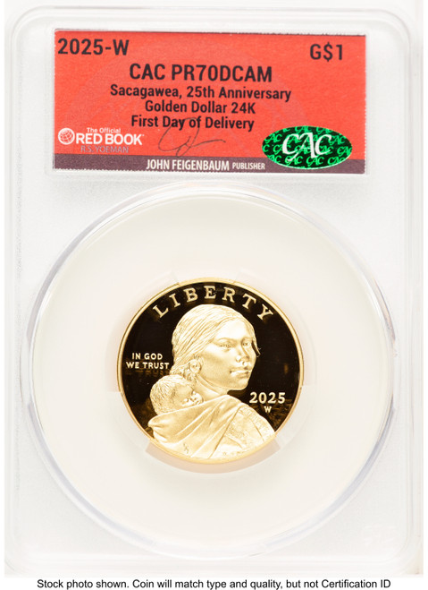2025-W 1/2 oz Proof Gold Sacagawea 25th Anniversary First Day of Delivery John Feigenbaum Red Book CACG PR70