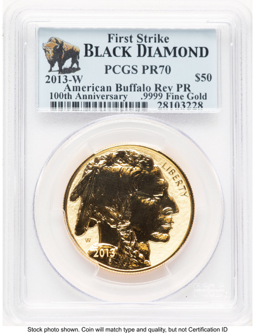 2013-W Reverse Proof Gold Buffalo 1 oz FS Black Diamond Bison Label PCGS PR70