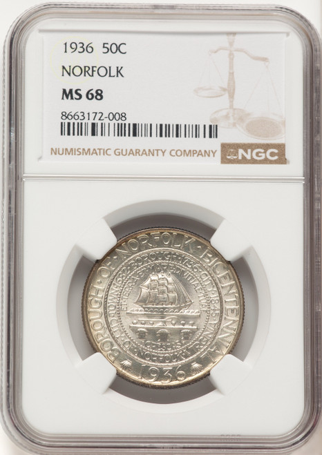 1936 50C Norfolk Commemorative Silver NGC MS68 (780971003)