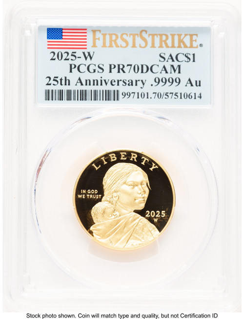 2025-W 1/2 oz Proof Gold Sacagawea 25th Anniversary FS Flag PCGS PR70 (521720020)