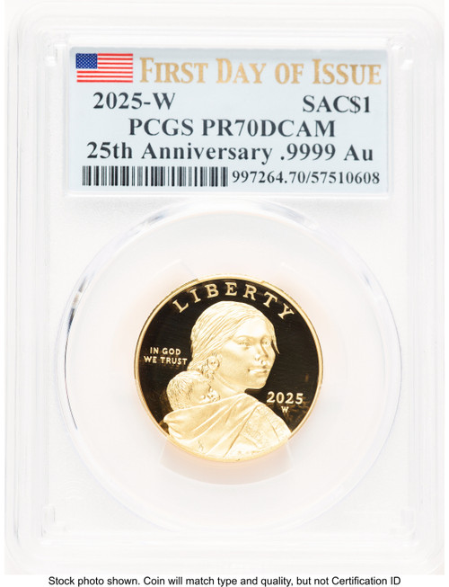 2025-W 1/2 oz Proof Gold Sacagawea 25th Anniversary FDI Flag PCGS PR70